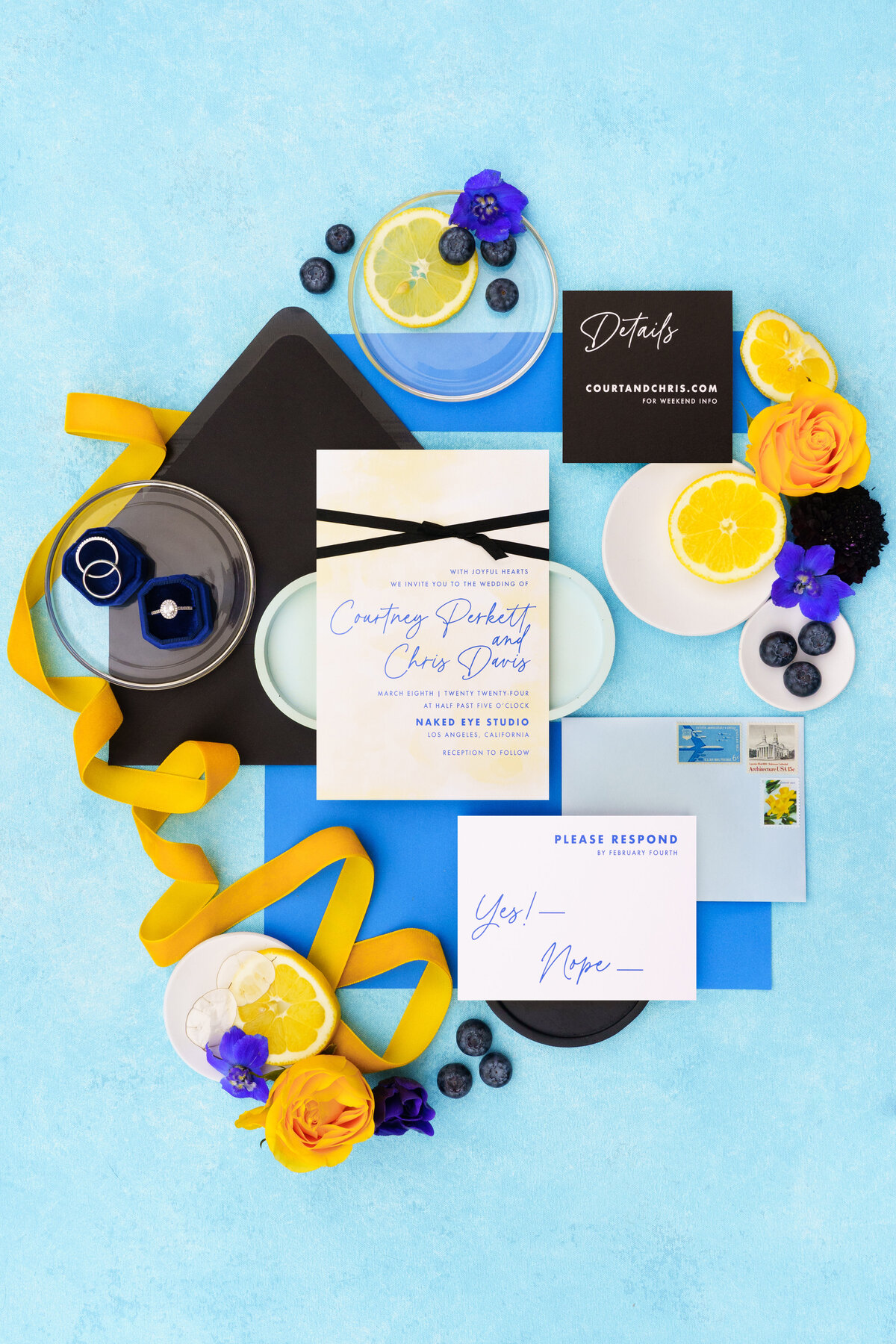 Modern blue LA wedding invitation