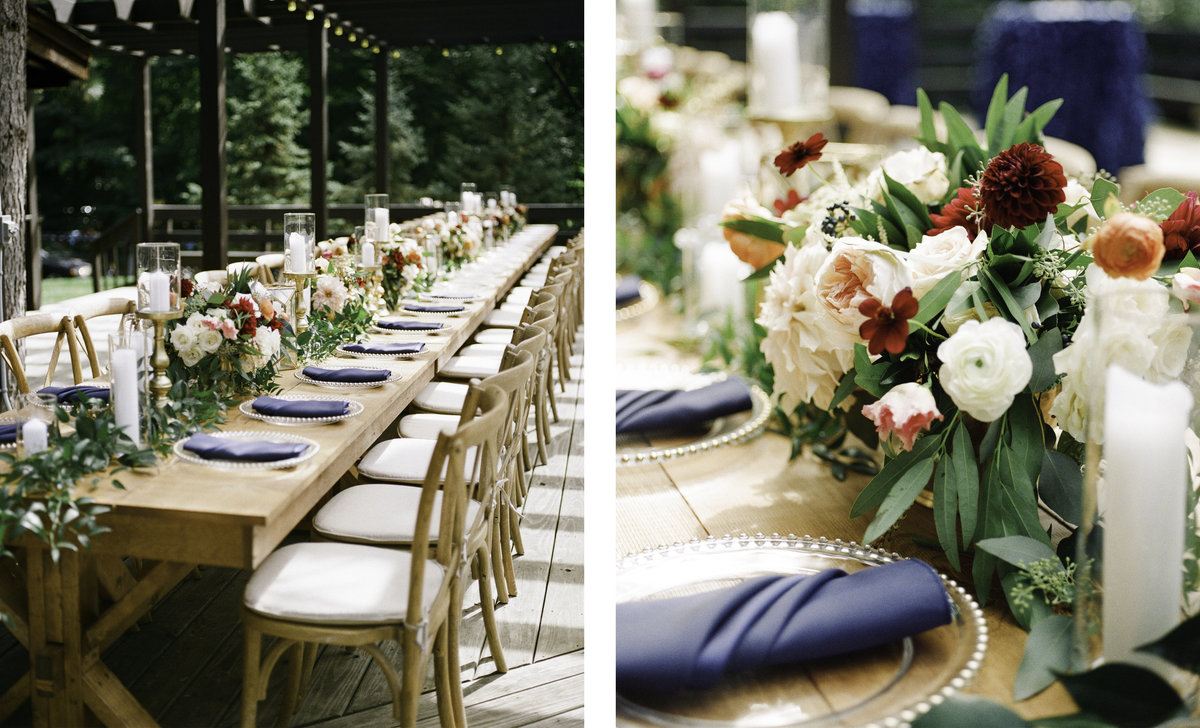 wedding reception tables at sherwood forest with navy linens wood tables candles and beautiful floral arrangements