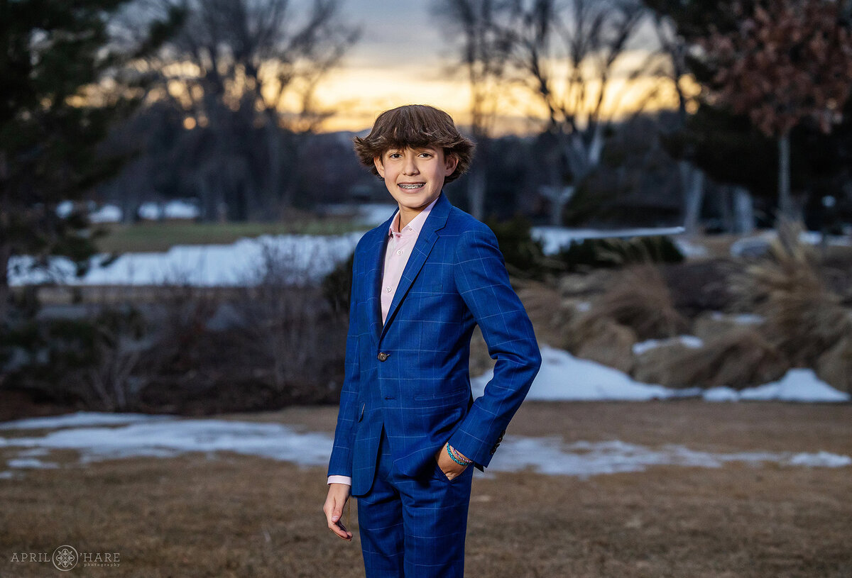 Sunset Mountain Backdrop for a Winter Bar Mitzvah Portrait in Colorado