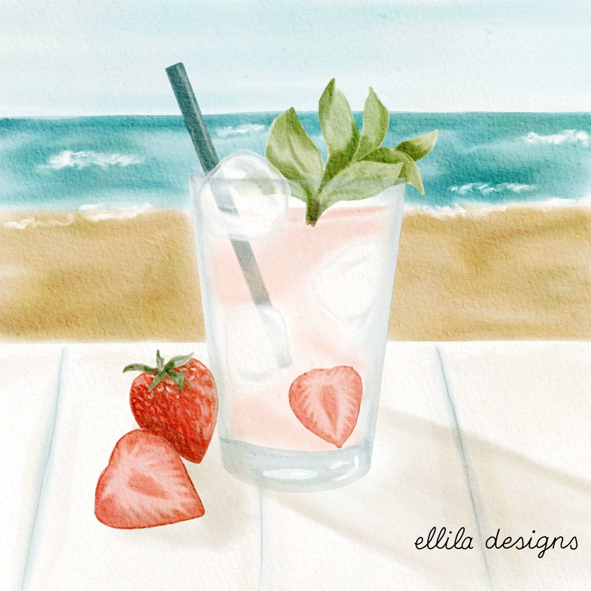 Strawberry cocktail illustration Ellila Designs