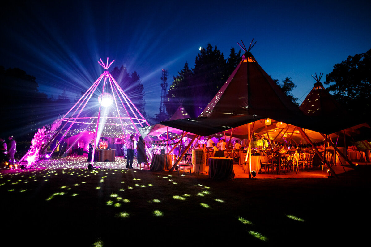 wedding marquee lit at night
