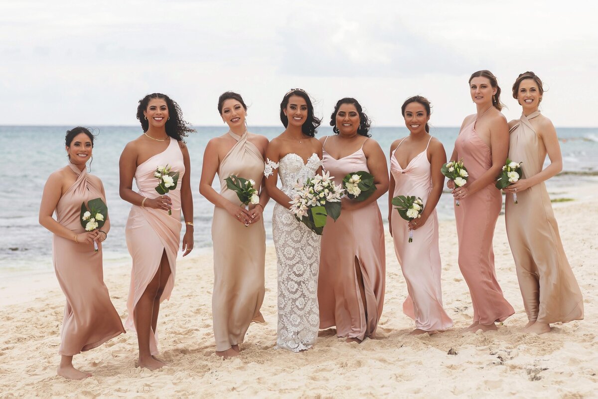 Bridesmaids on beach at  Riviera Maya wedding.