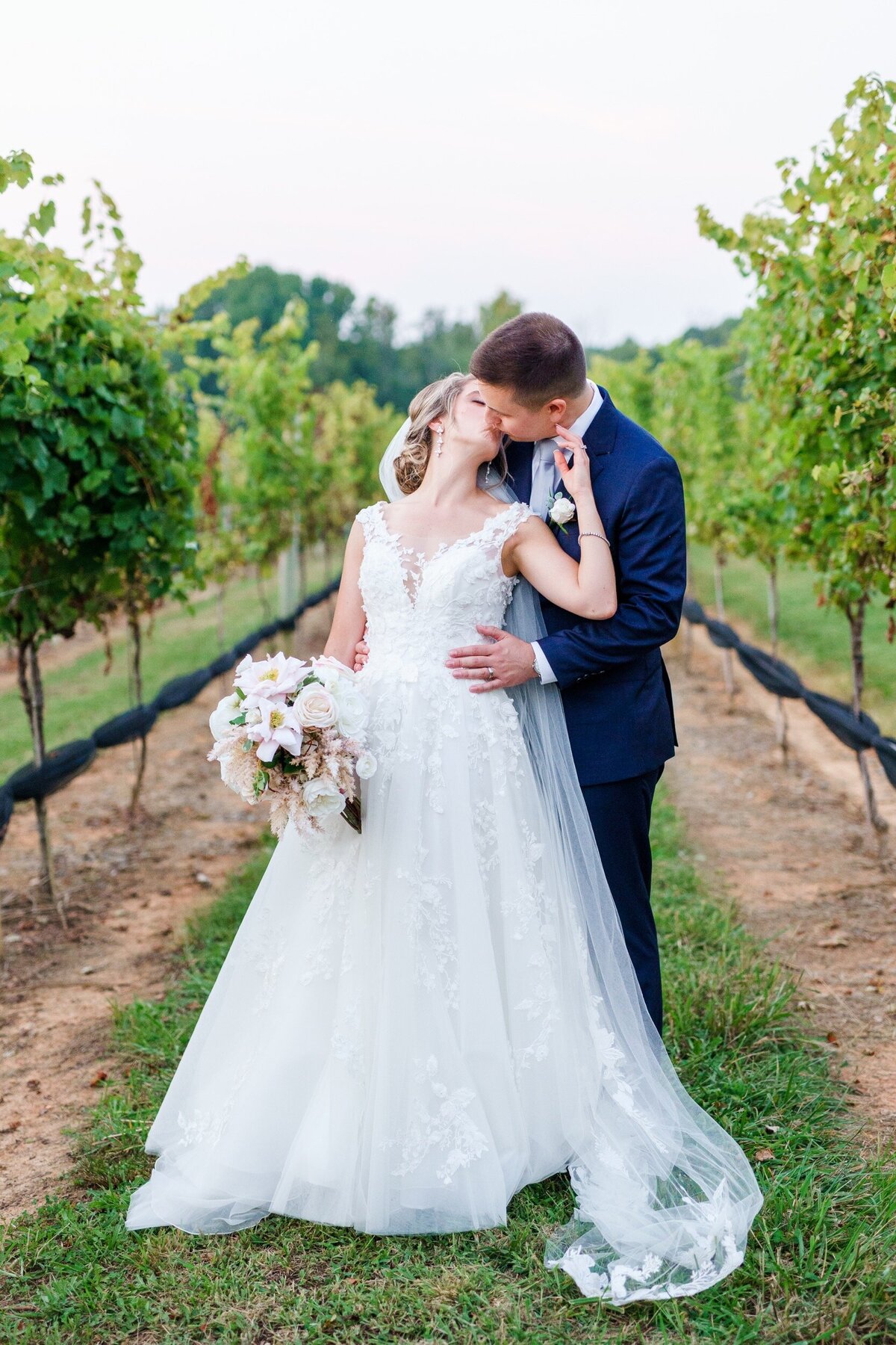 A bride leans back to kiss her groom while they stand in a vineyard row at Childress Vineyards near Charlotte, NC.