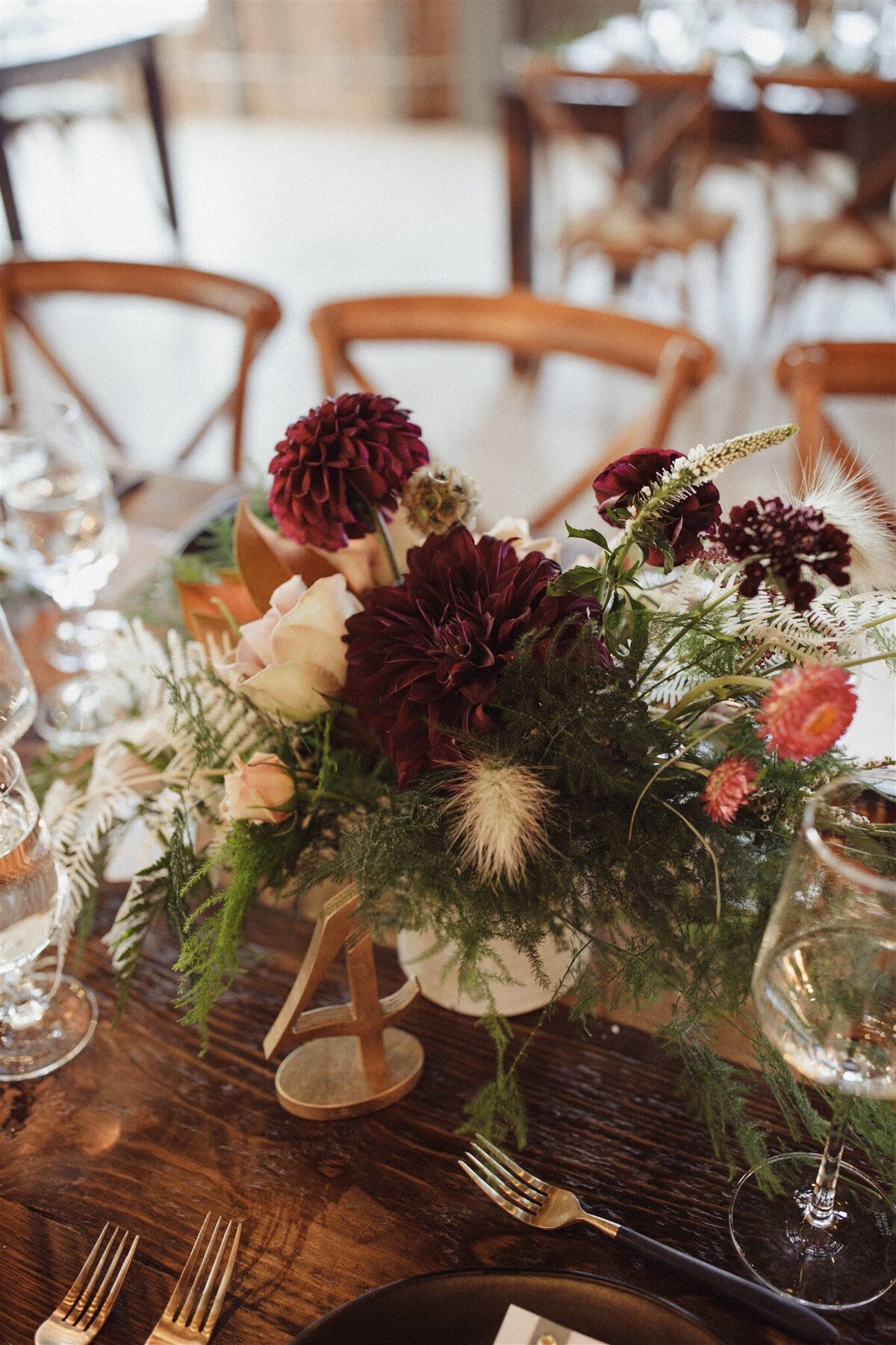 burgundy, taupe, white, greenery wedding table decor