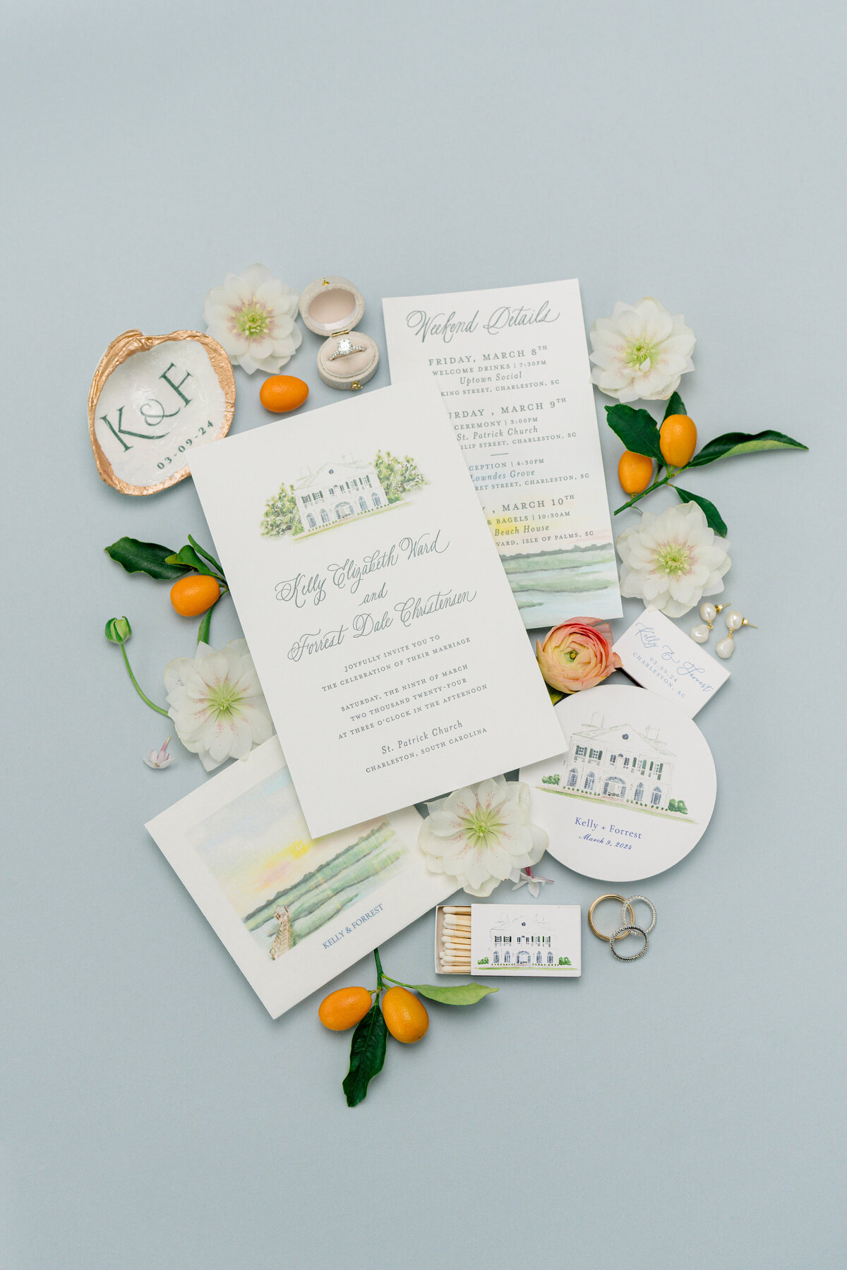 Lowndes Grove wedding invitation. Blue and white with touches of orange kumquats.