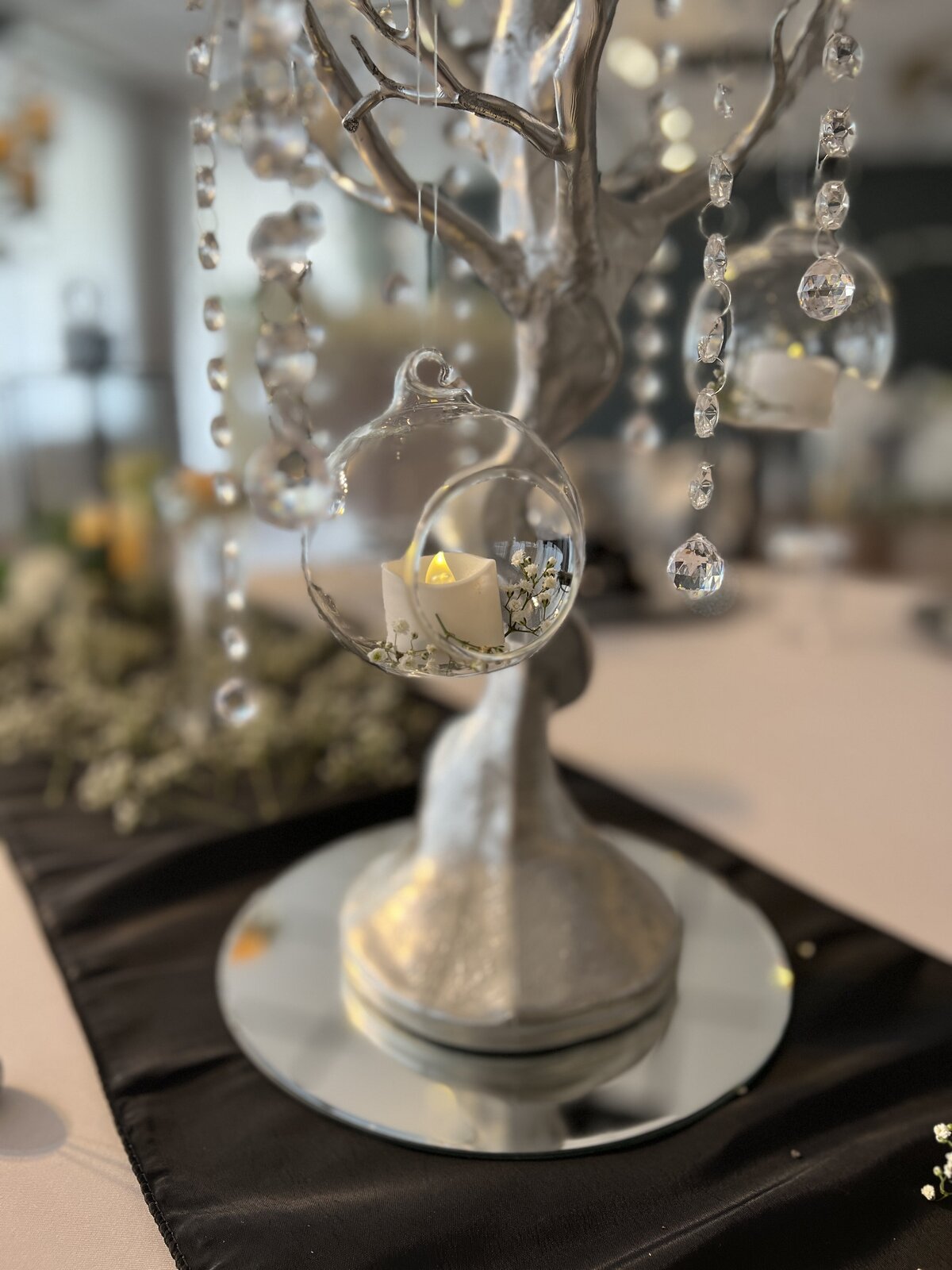 Elegant Silver Manzanita Tree Centerpiece with Glass Orbs - Perfect for a Timeless Look at Your 2024 Clearwater, Florida Wedding Guest Table