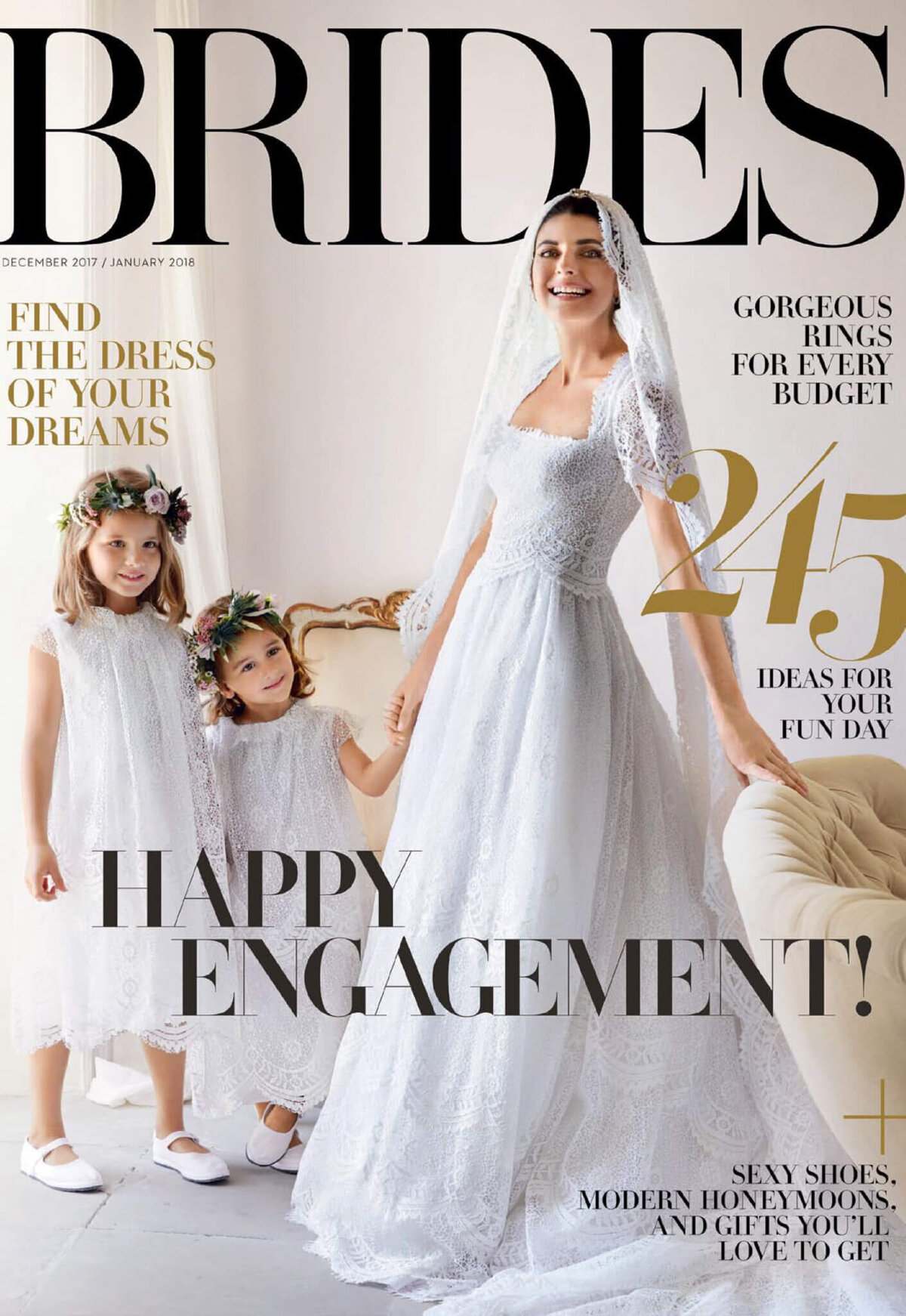 Gorgeous bride with two lovely little girls wearing white dresses in Lake Como. Brides Magazine cover image by Jenny Fu Studio