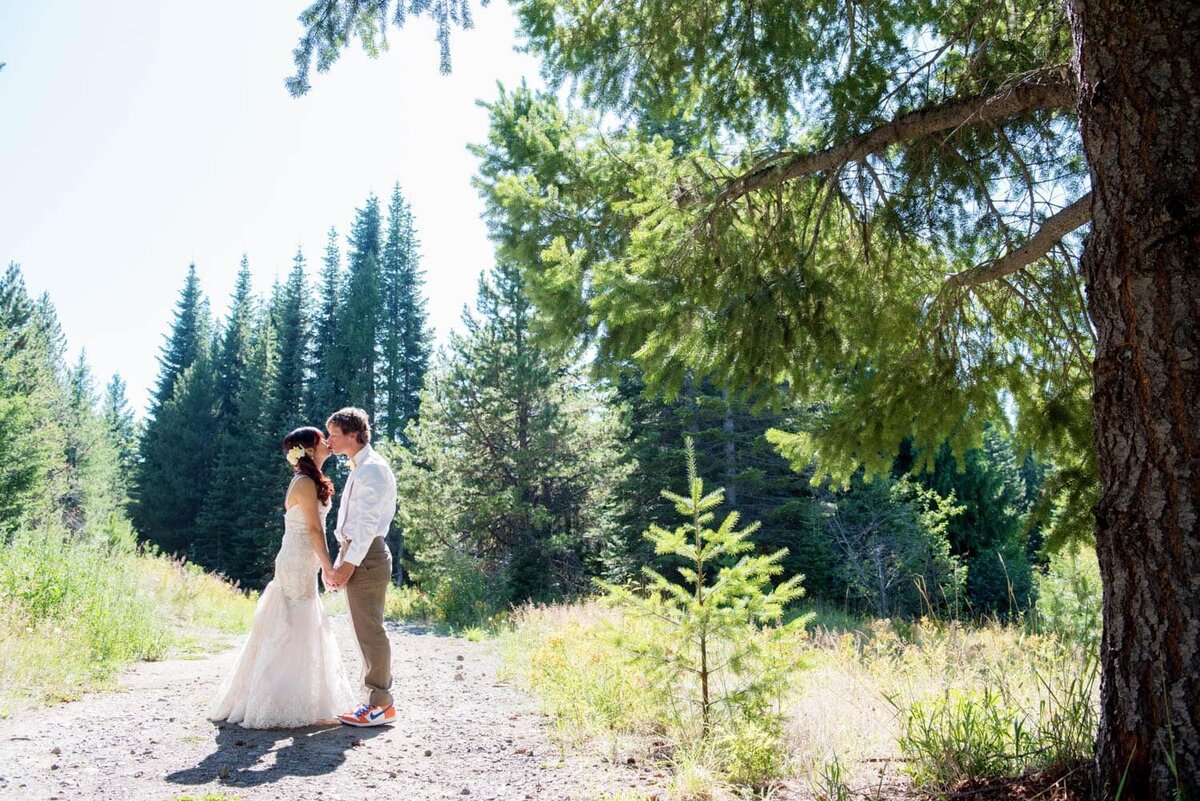 a man and woman kiss underneath tall trees