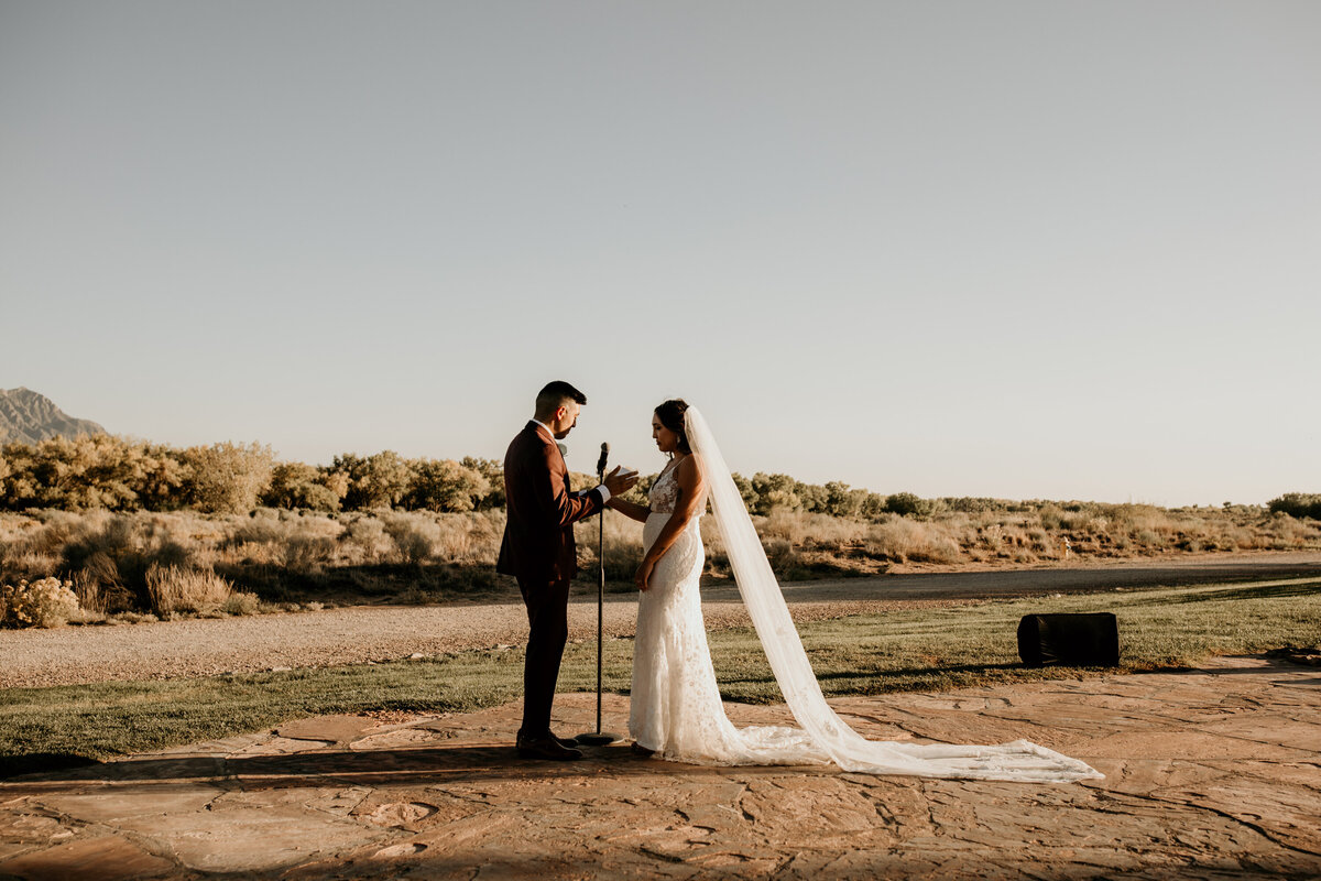 bride and groom reciting their vows in Albuquerque in front of the Sandia Mountains