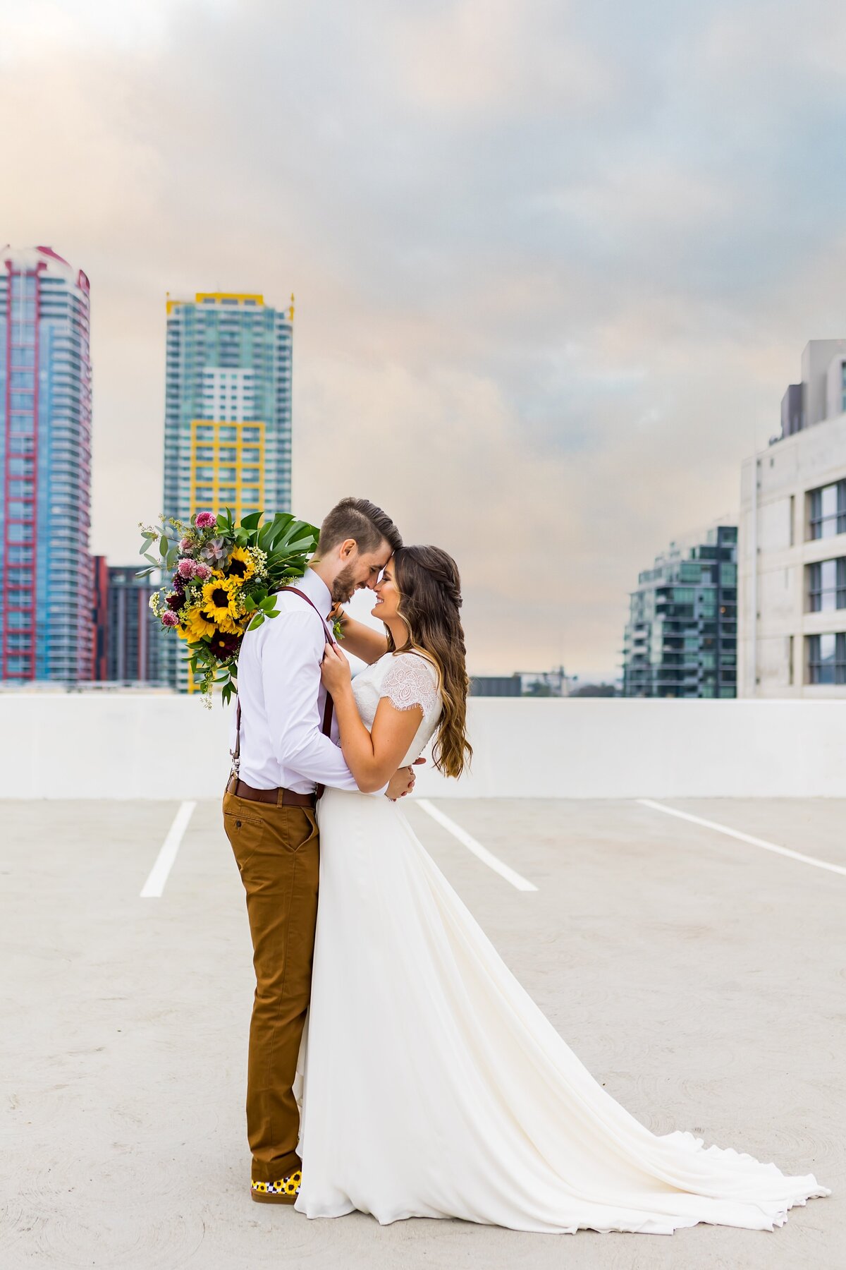 Couple on wedding day in San Diego on rooftop