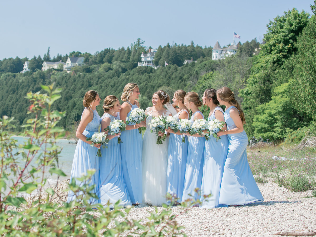 Bridal Party on the beach in blue dresses