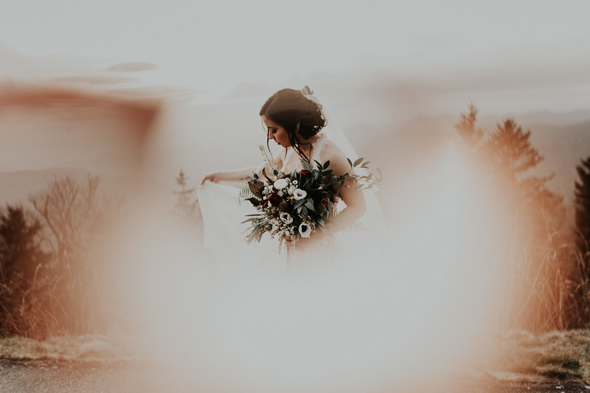 Creative photo of a bride and her bouquet on the Blue Ridge Parkway