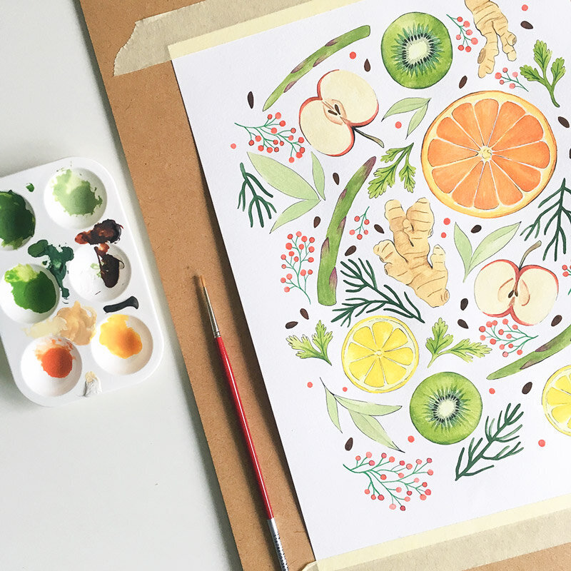 watercolor painting of colorful fruits and vegetables