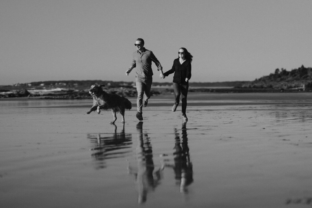Dog running down the beach with couple during lifestyle portrait session