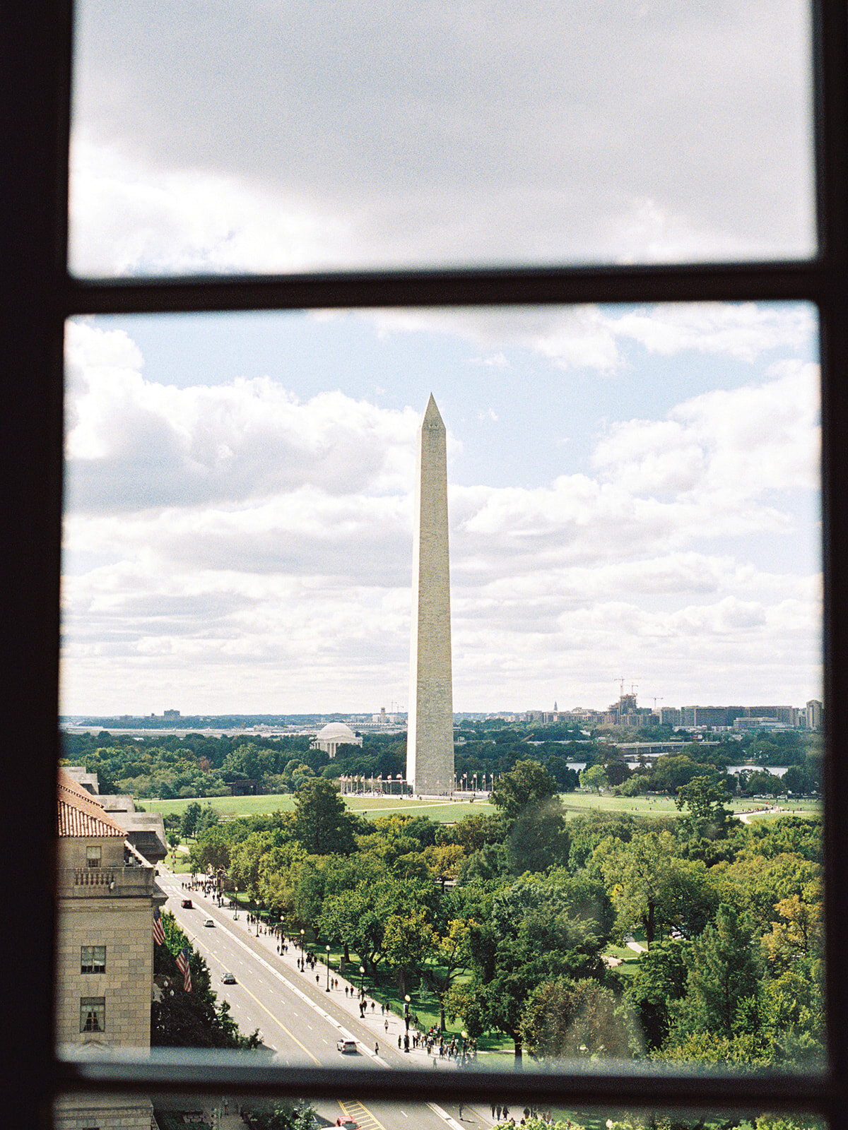 View of washington monument from hotel washington through the window,