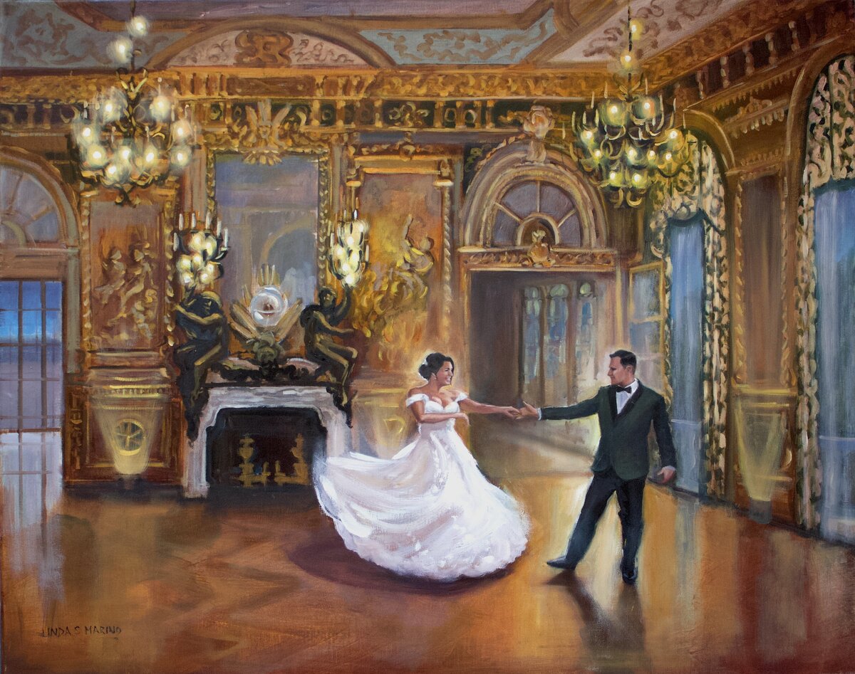 painting of bride and groom dance in gold ballroom Marble house Newport RI