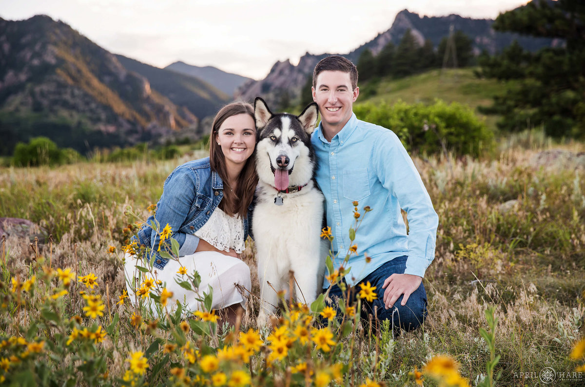 Adorable Engagement Photo with Large Malamute Dog at South Mesa Trial during Summer in Boulder Colorado