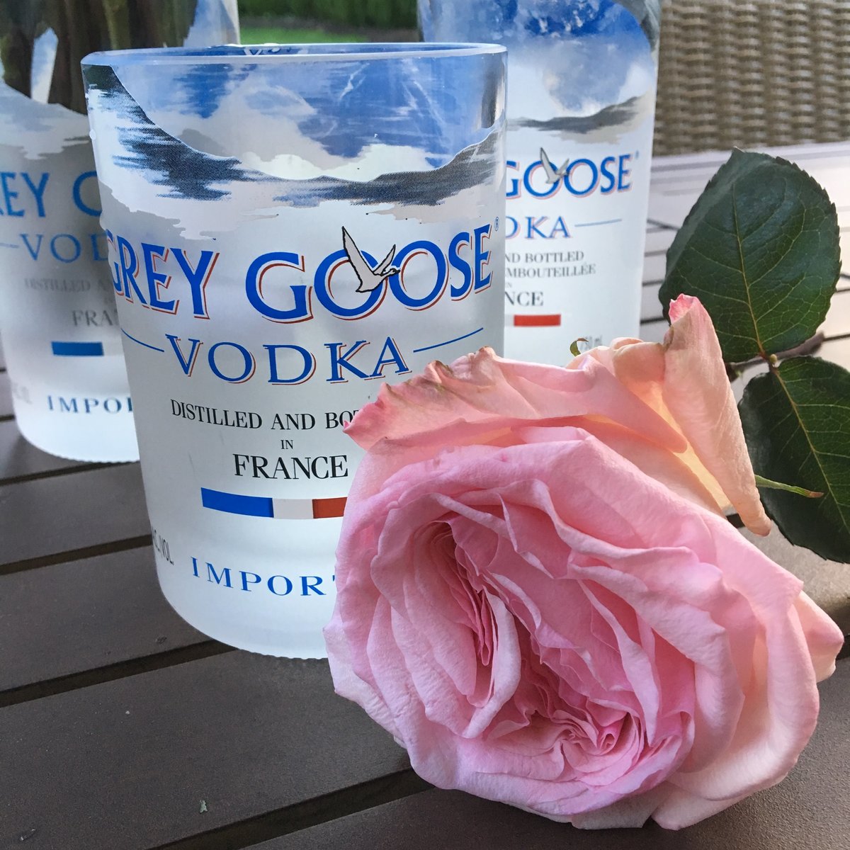 Recycled Grey Goose Vodka glasses and pink O'Hara David Austin Rose