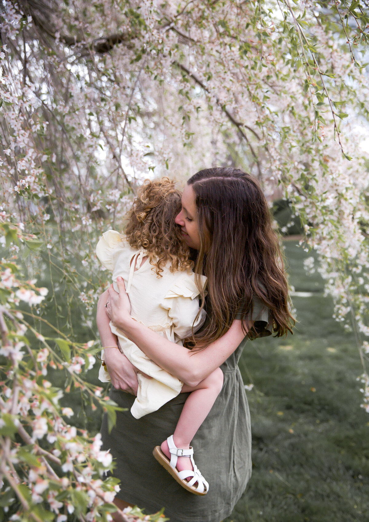 A mother stands under a beautiful blooming white cherry tree at Swan Harbor Farm in Havre de Grace, Maryland during their spring lifestyle mother and daughter session.