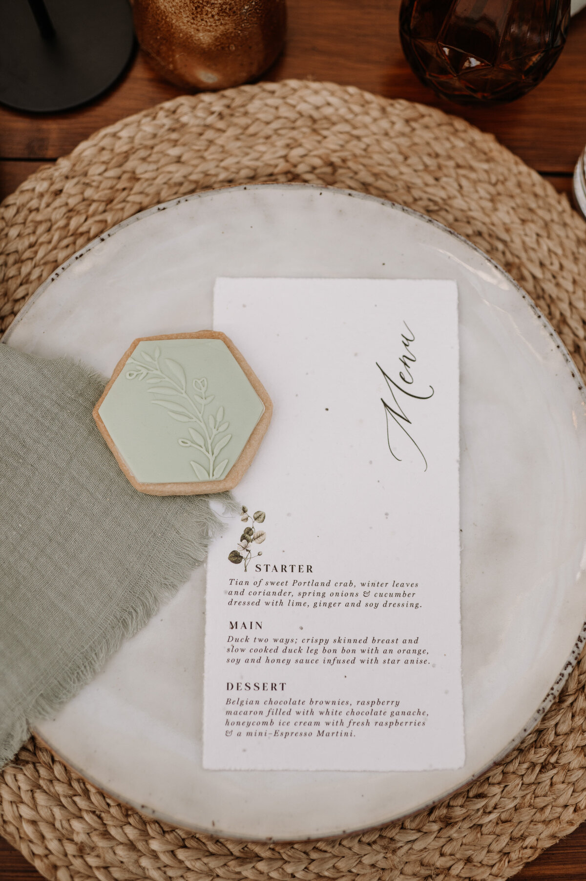 Botanical wedding biscuit favour dessert table