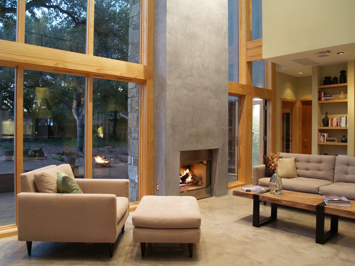 luxury home fireplace and minimalist, post-modern furniture.
