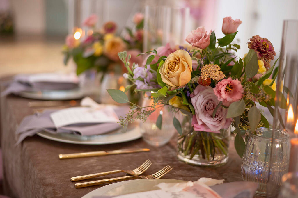 side angle of place setting with center florals