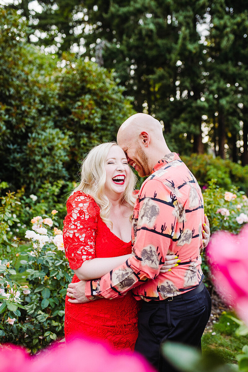 Couple at the Rose Test Garden in Portland, Oregon by Portland wedding photographer, Meredith Amadee Photography