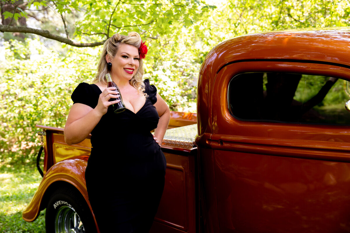 goddess studio boudoir woman pinup enjoy a coke black dress old ford pickup