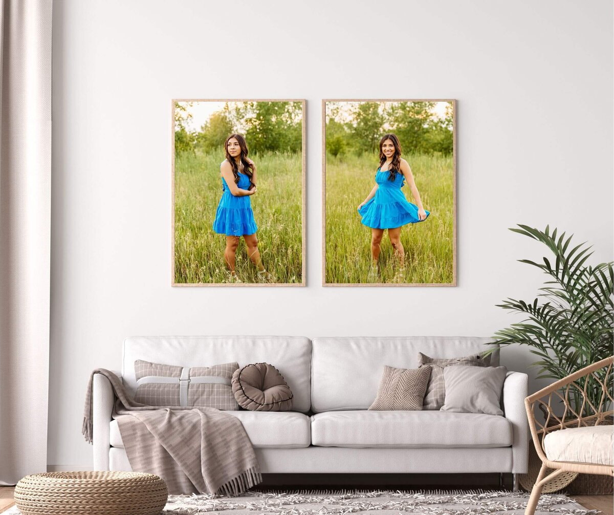image two portraits of a Green Bay senior in a teal dress  being displayed on a white wall above a grey couch