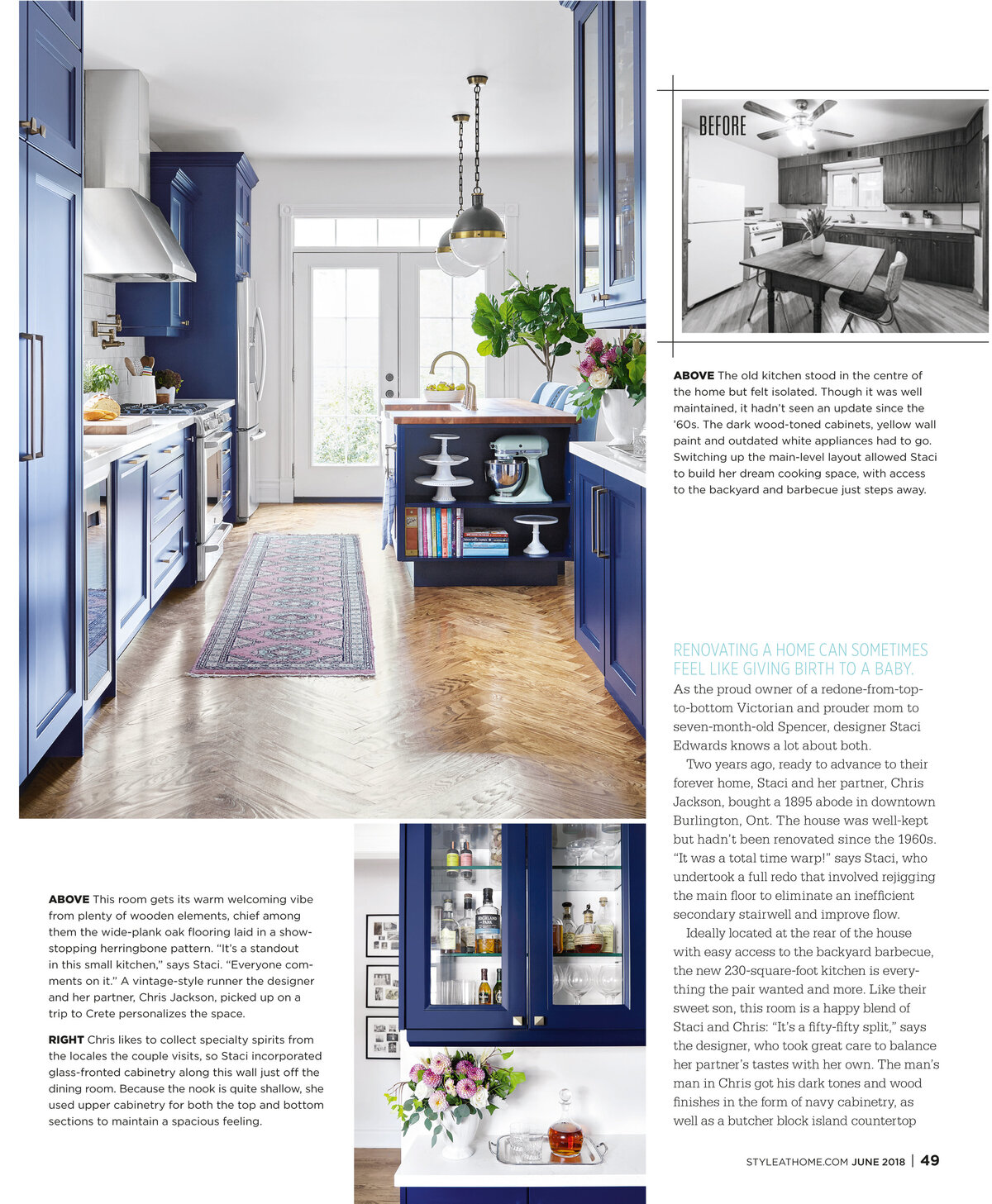 Blue kitchen feature in Style At Home Magazine with herringbone wood floors