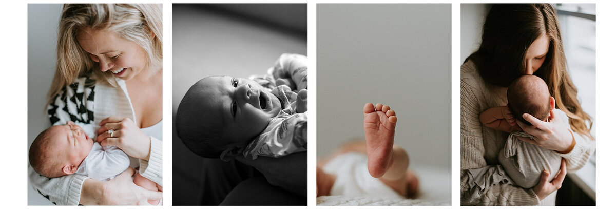 A collage of Indoor newborn photography including  a Mother, a yawning baby, baby toes and one black and white image