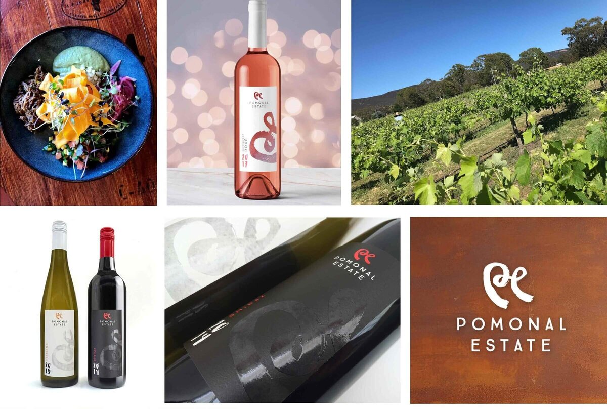 Pomonal Estate wine logo and wine label design showcased on wine bottles