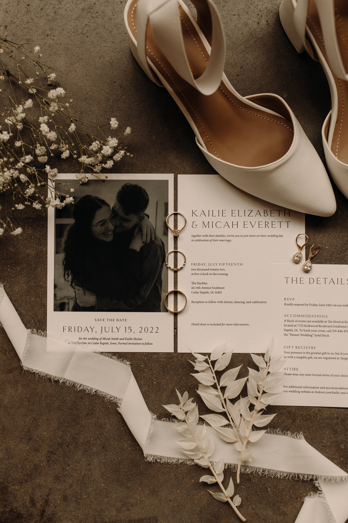 wedding invitation, shoes, rings, jewelry, and other details