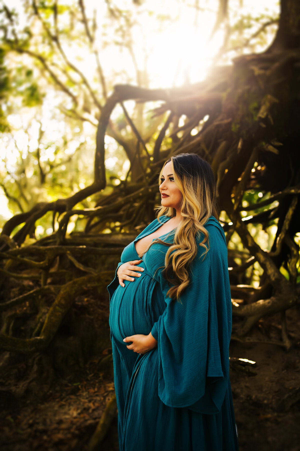 ethereal boho woodland pregnancy photo of a women in a blue boho gown standing in front of large tree roots at edward medard park