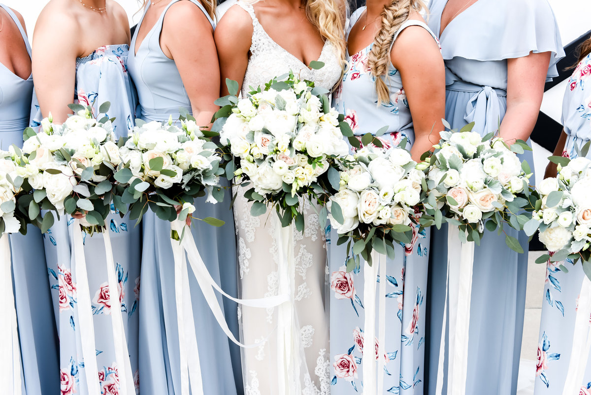 Bridal party in blue bridesmade dresses. MOunt Ida Farm Wedding venue. Richmond and Charlottesville wedding photographers