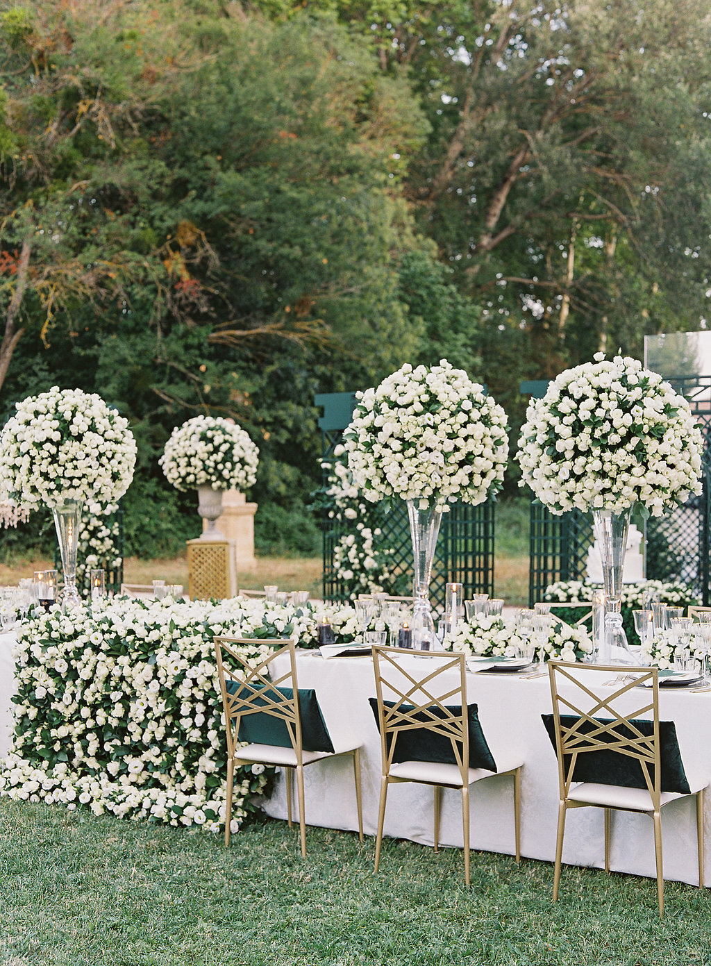 Enchanting tablescape, white flowers and gold chairs, Château de Fonscolombe