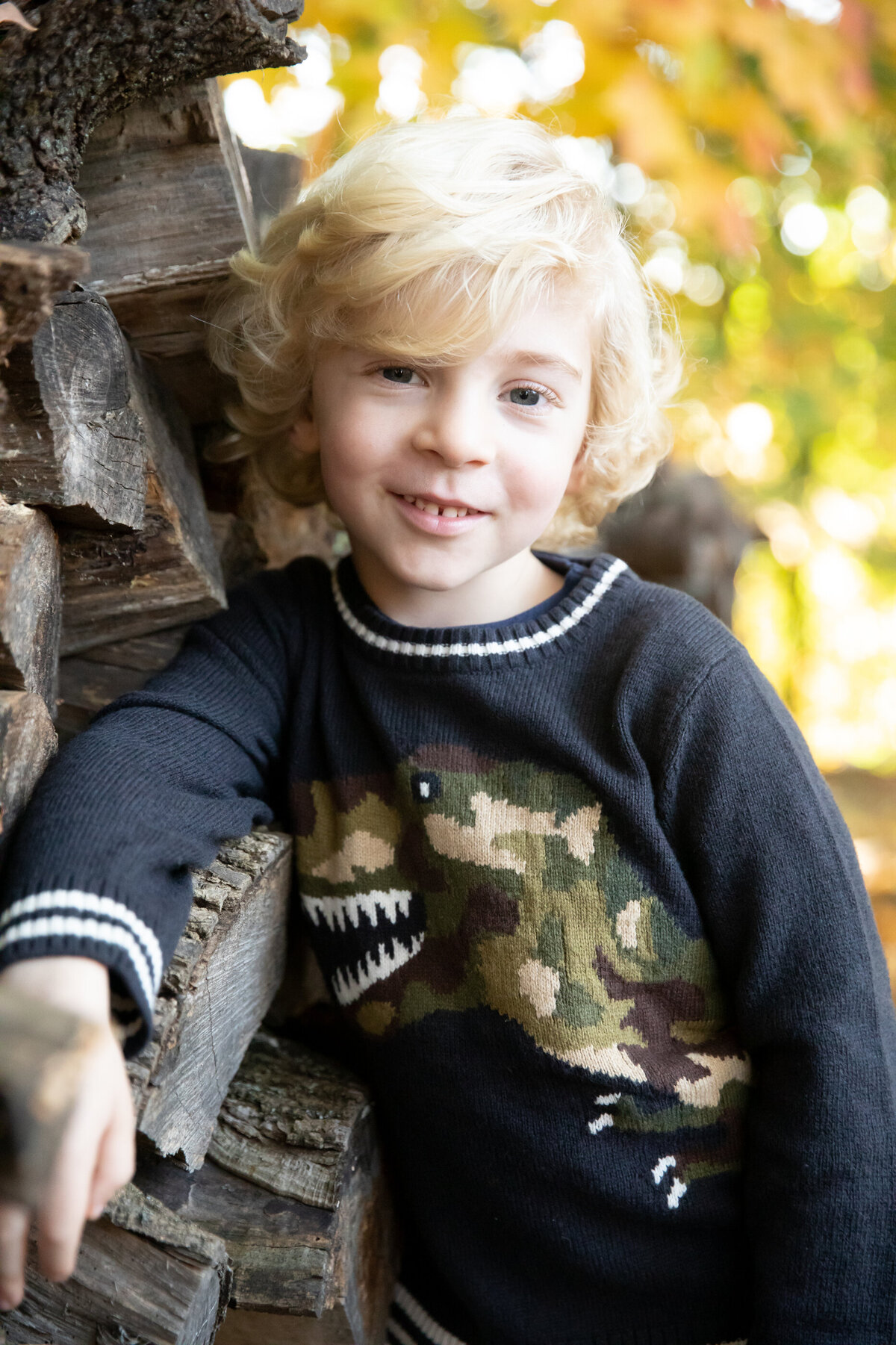 A little boy with blond curly hair wearing a dinosaur sweater smiles at the camera fall mini-session photographer Nanuet Milestone Images