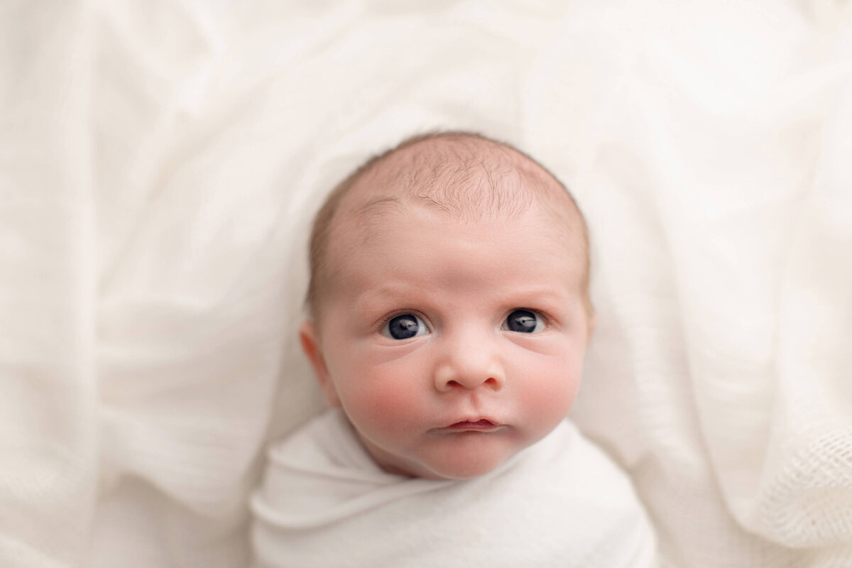 newborn baby on white blanket looking at camera