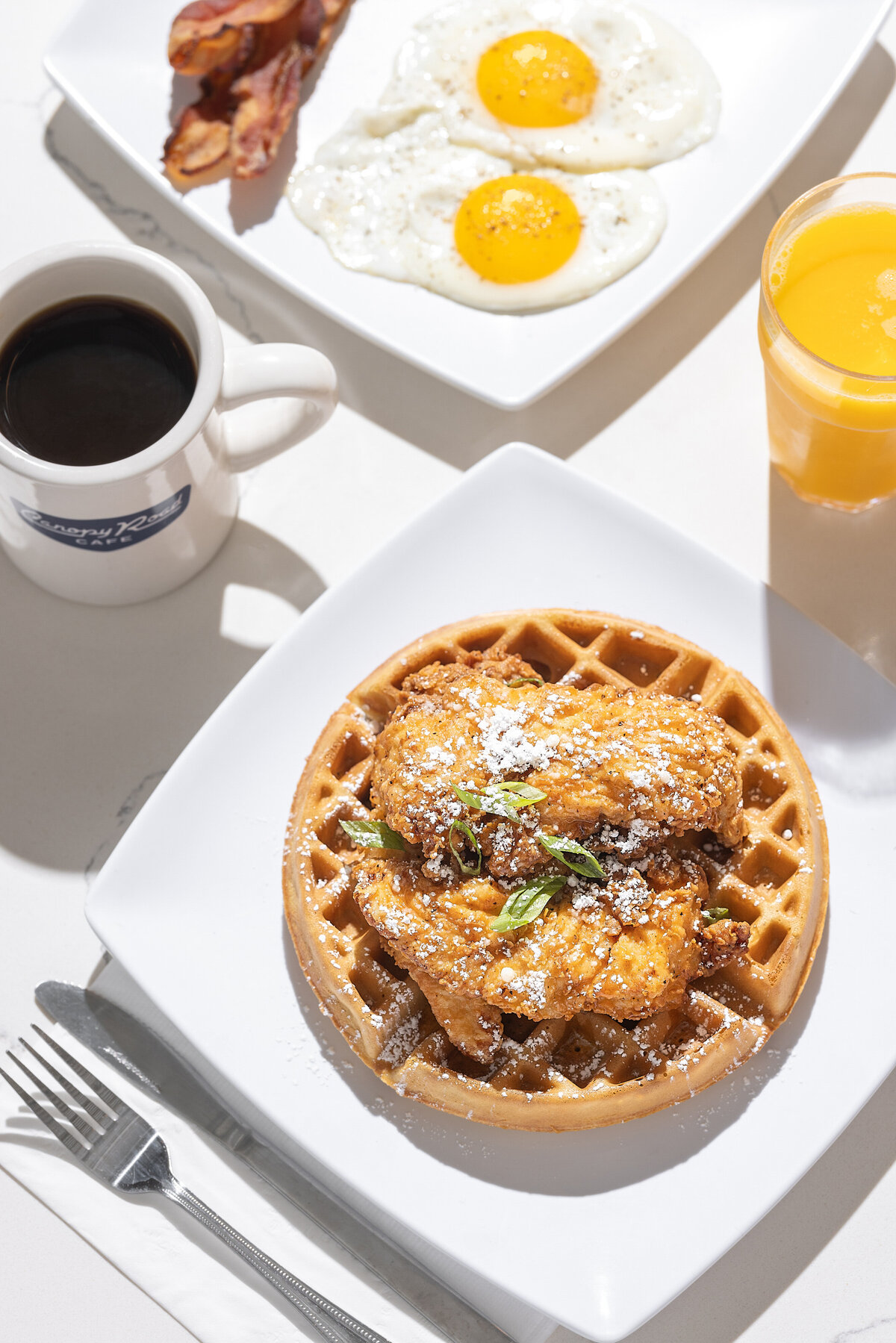 Fried chicken on top of waffles