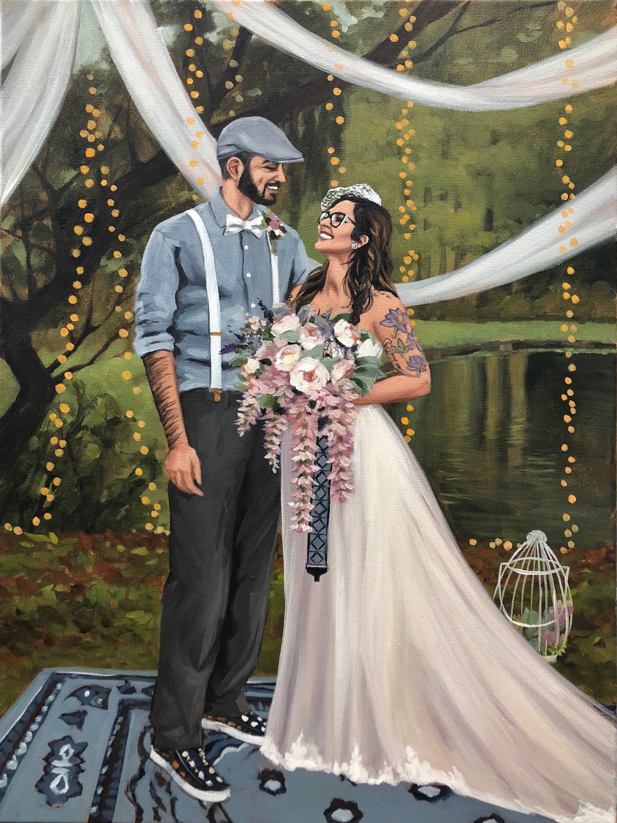 bride and groom pose under twinkle lights, Wedding Portrait Paintings From Photos