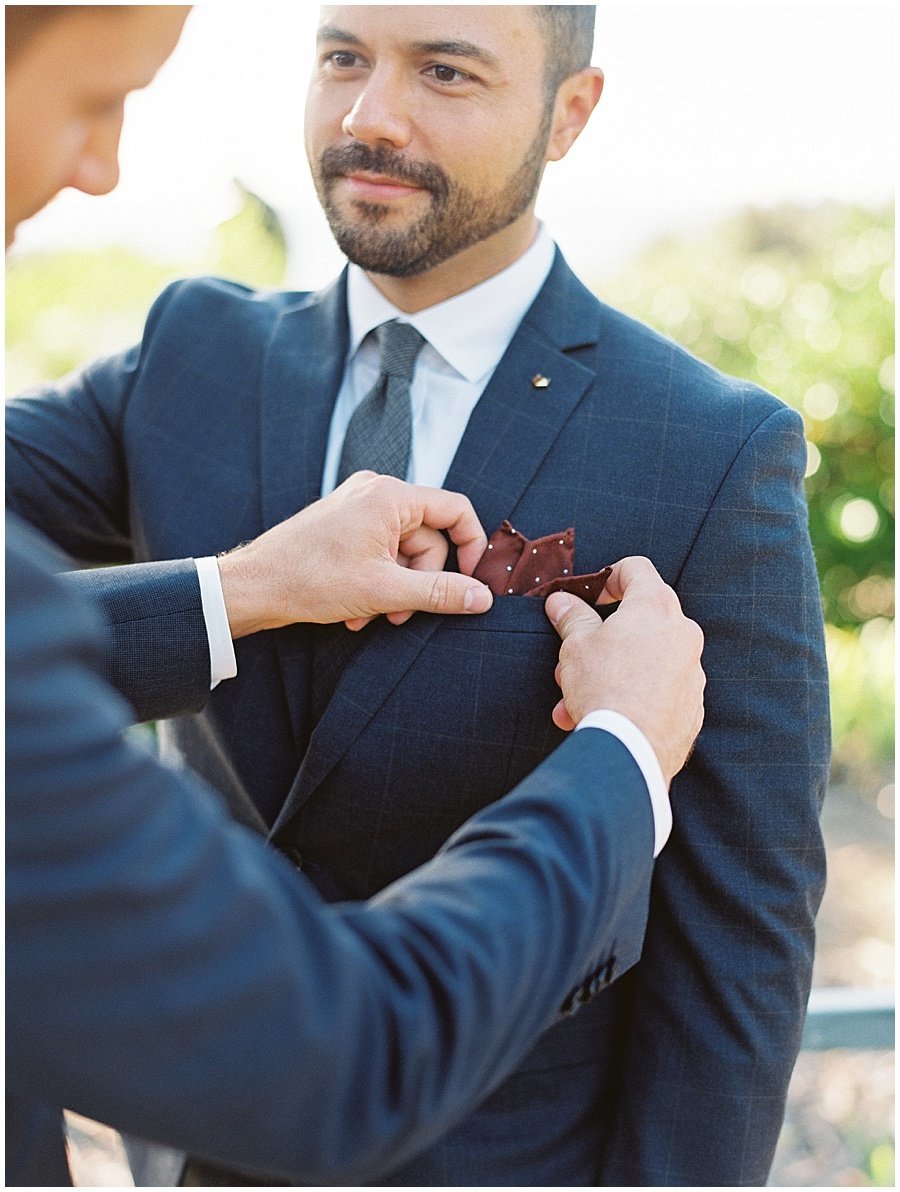 Grooms Getting Ready Together Brown Pocket Square © Bonnie Sen Photography