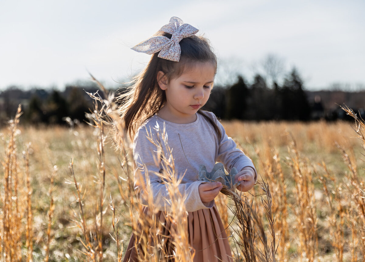 Young girl plays with field grass during photoshoot in Harford County, Maryland