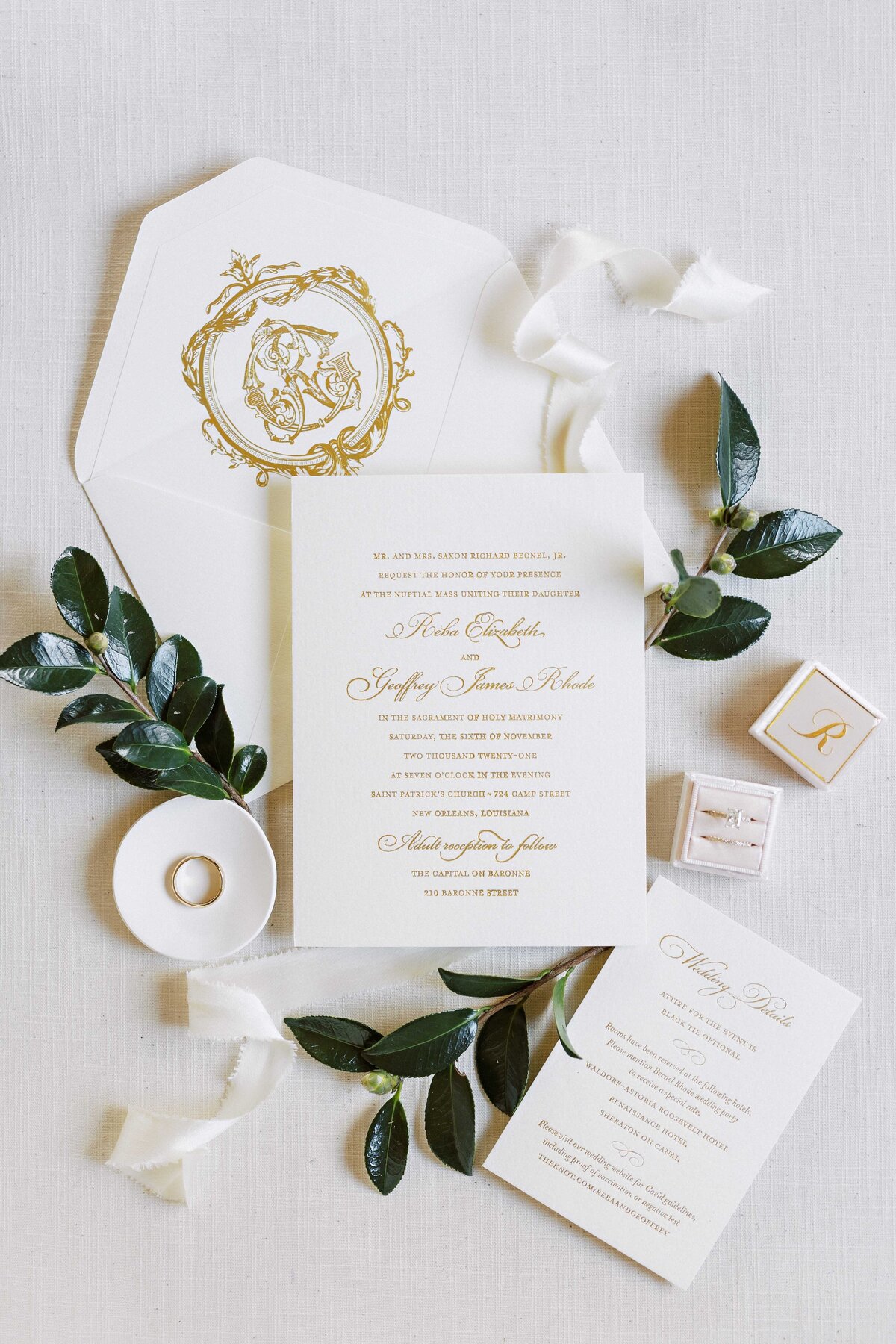 white and gold wedding stationery flatlay