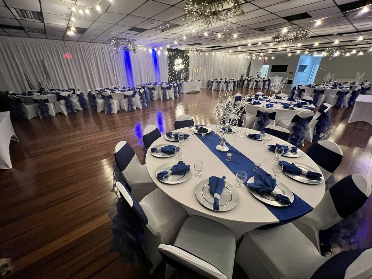 Moody indoor event hall adorned with elegant satin blue decor, creating a dream wedding atmosphere in Florida'