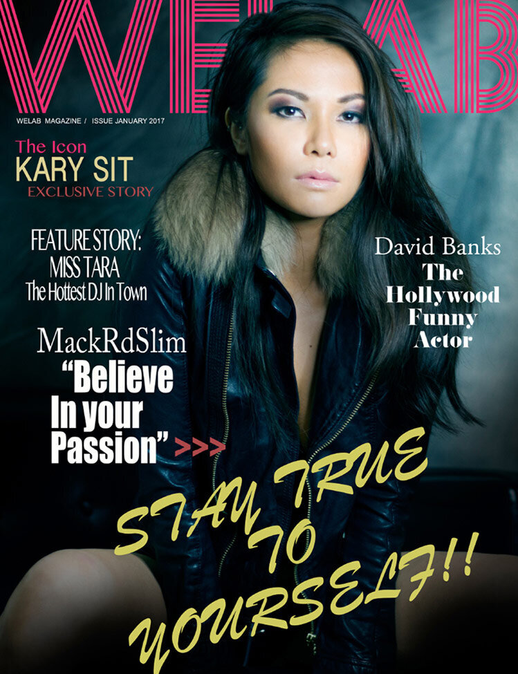 Magazine Cover Publication WeLab featuring musical artist Kary Sit sitting in front of mottled grey backdrop wearing leather jacket with faux fur collar