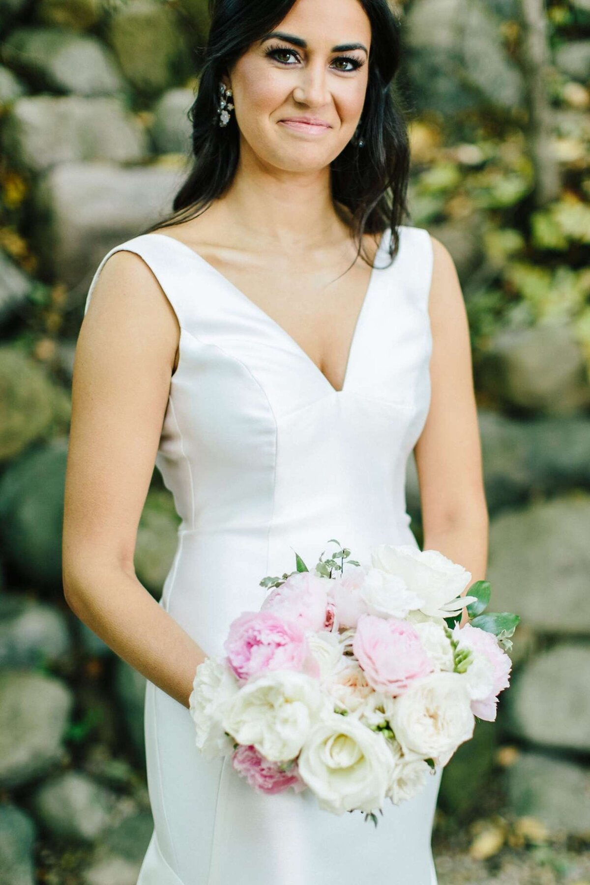 Classic and Timeliness Bridal Portrait with a Pink and White Peony Bouquet at a Luxury Michigan Lakefront Golf Club Wedding.