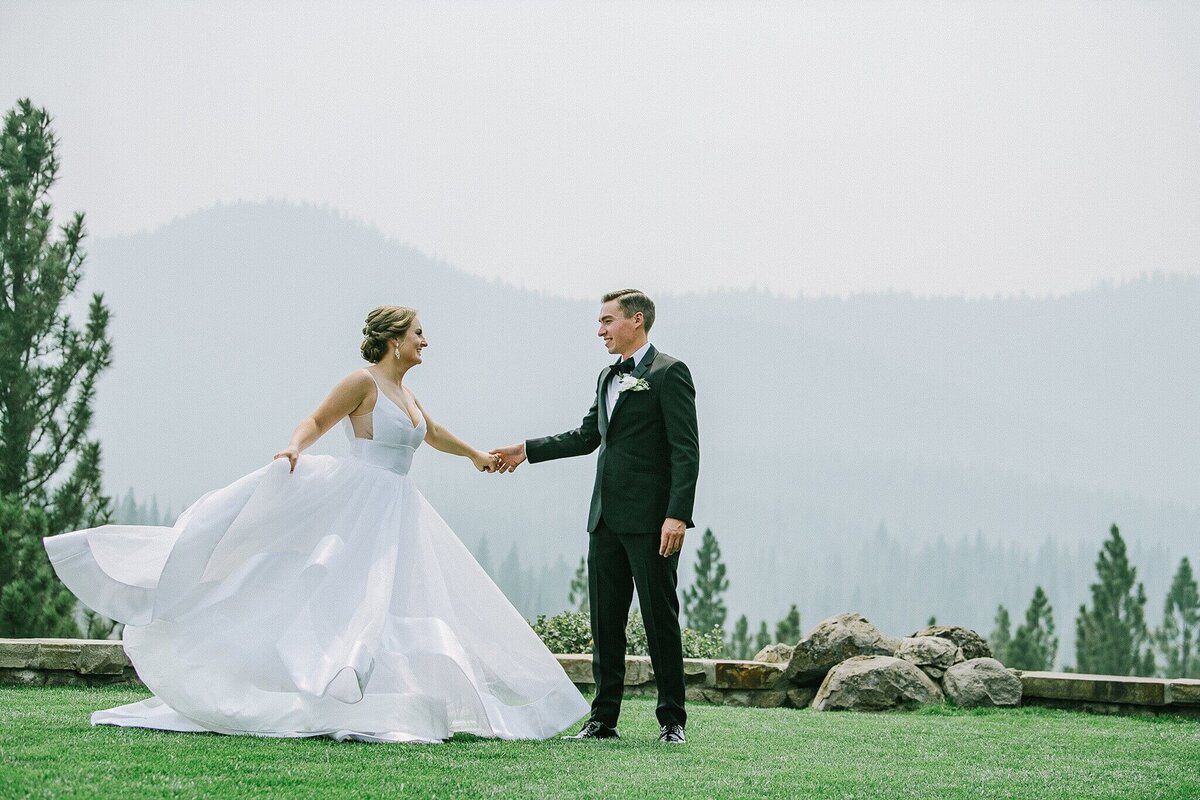 Bride and Groom during their first look  at Martis Camp with smokey skies.