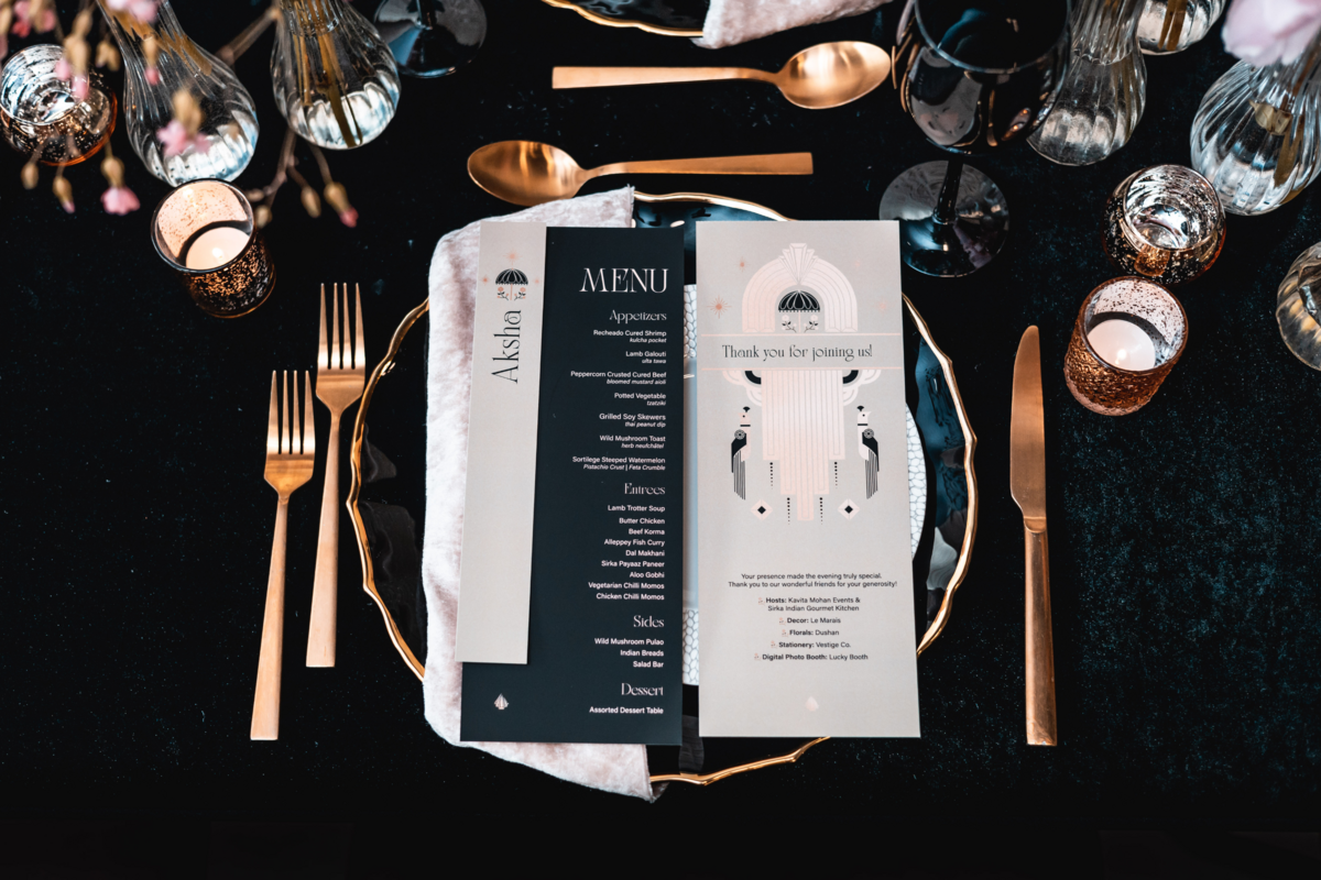 stationery-menu-black-gold-chargers-flatware-kavita-mohan