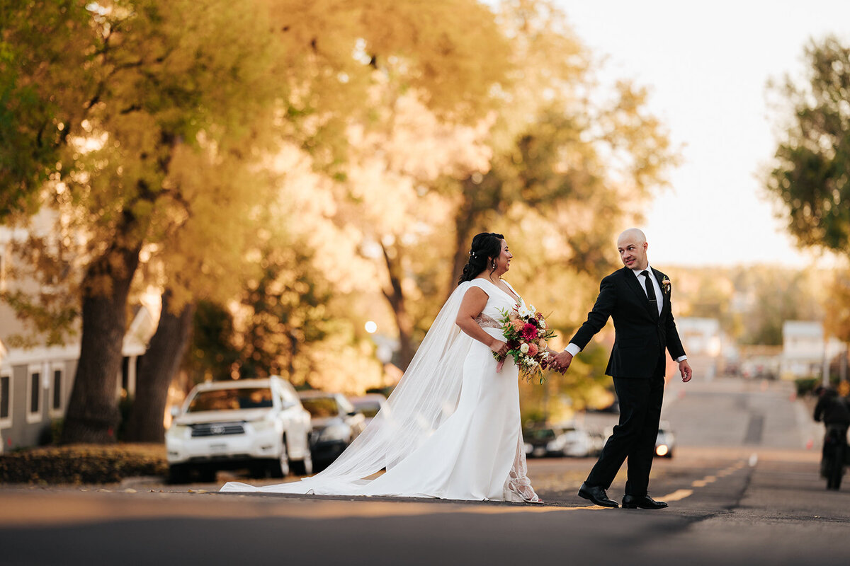 Bride and groom at fall wedding in Longmont Colorado, the St Vrain wedding venue