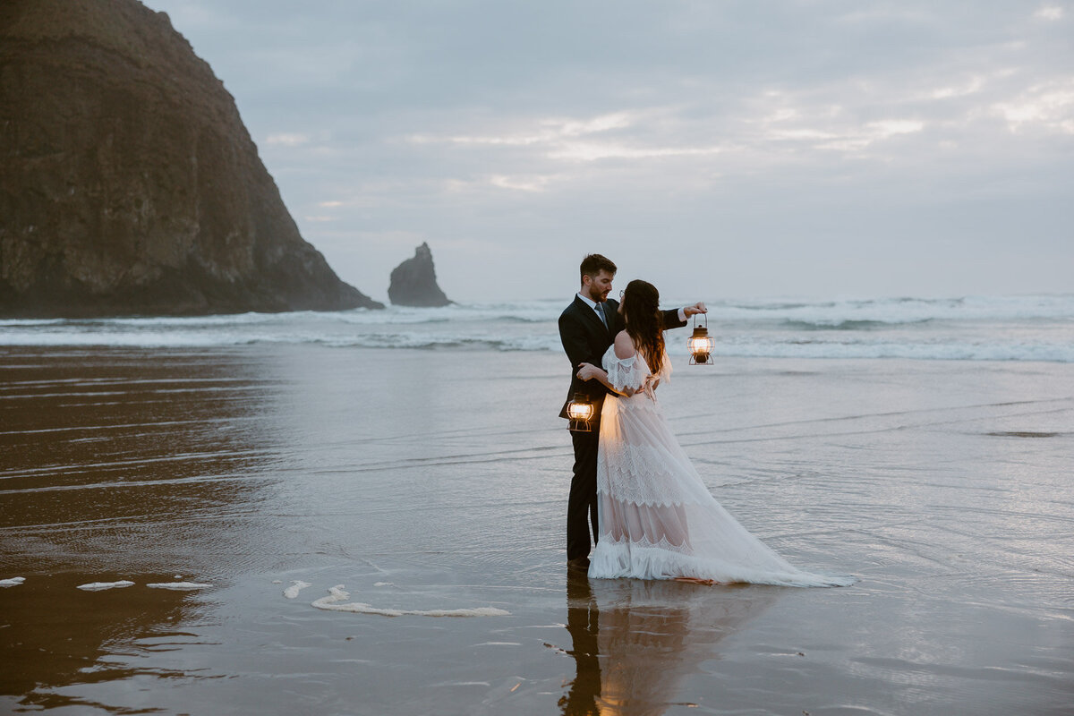 romantic cannon beach elopement in front of haystack rock at the oregon coast